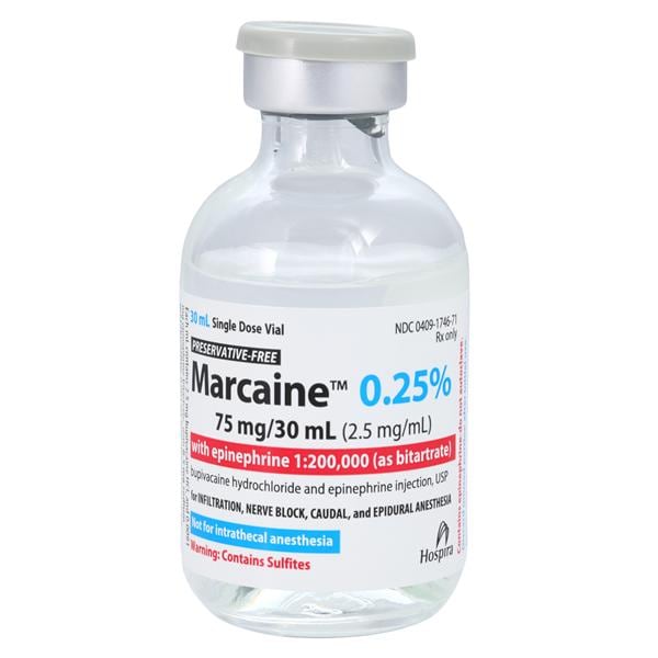 Marcaine w/Epinephrine Injection 0.25% 1:200,000 Preservative Free SDV 30mL Each, 50 VL/CA