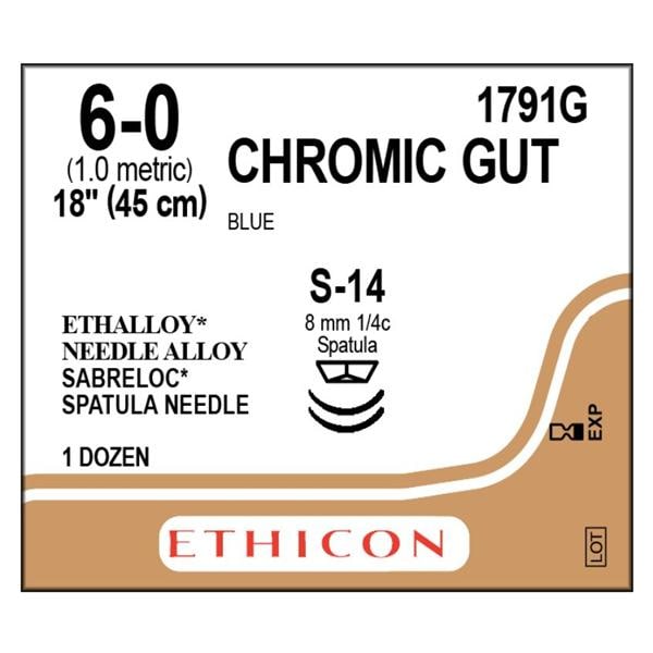 Suture 6-0 18" Chromic Gut Monofilament S-14/S-14 Brown 12/Bx