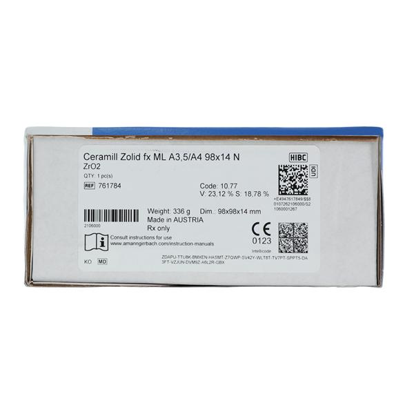 Ceramill Zolid FX Zirconia Disc A3.5/A4 98x14 Ea