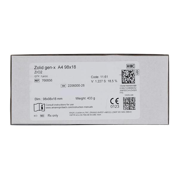 Zolid Gen-X Zirconia Disc A4 98x18 Ea