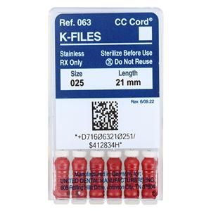 Zipperer Hand K-File 21 mm Size 25 Stainless Steel Red 6/Bx