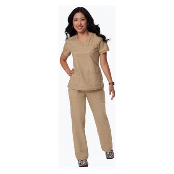 Scrub Shirt 3 Pockets Rib-Trim Short Sleeves Medium Camel Womens Ea