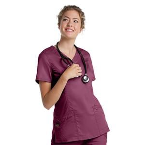 Scrub Top V-Neck Tunic 3 Pockets Large Wine Womens Ea
