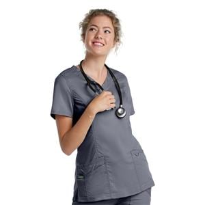 Scrub Top V-Neck Tunic 3 Pockets Large Steel Womens Ea