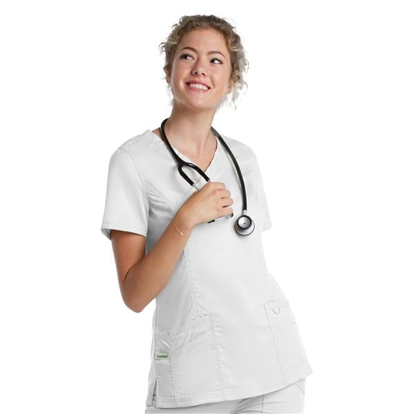 Scrub Top V-Neck Tunic 3 Pockets Small White Womens Ea