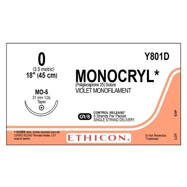 Monocryl Suture 0 8-18" Poliglecaprone 25 Monofilament MO-5 Violet Ea
