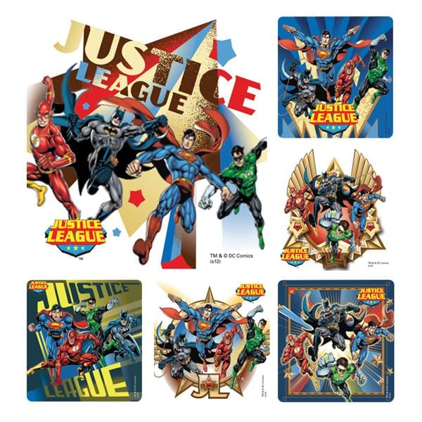 Stickers 2.5 in x 2.5 in Justice League White Assorted 100/Rl