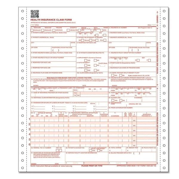Insurance Claim Forms CMS-1500 2012 2-Part Continuous 8.5x11 Wht/Cnry 1000/Pk