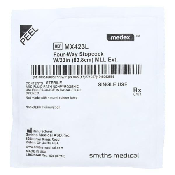 Medex 4-Way Stopcock Priming Volume 3.8mL Male Luer Lock Adapter 50/Ca