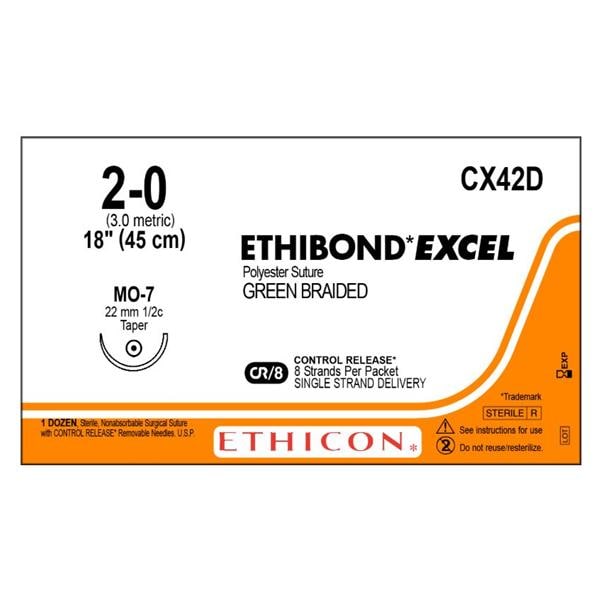 Ethibond Excel Suture 2-0 8-18" Polyester Braid MO-7 Green 12/Bx