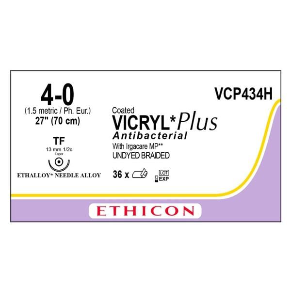 Coated Vicryl Plus Suture 4-0 1x27" TCS/PG910 Brd RB2 Undyd 36/Bx