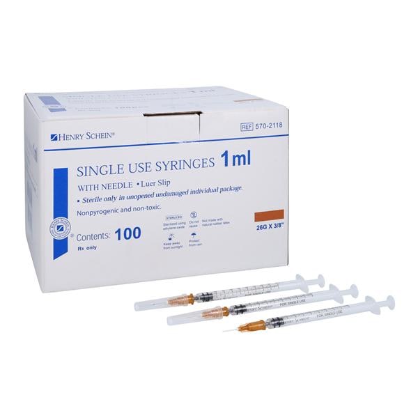 Tuberculin Syringe 26gx3/8" 1cc Luer Slip Attached Needle Cnvntnl LDS 100/Bx, 8 BX/CA