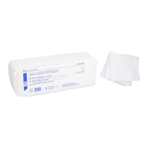 Henry Schein Premium 100% Cotton All-Gauze Sponge 2x2" 8 Ply Non-Sterile Sq LF, 25 PK/CA