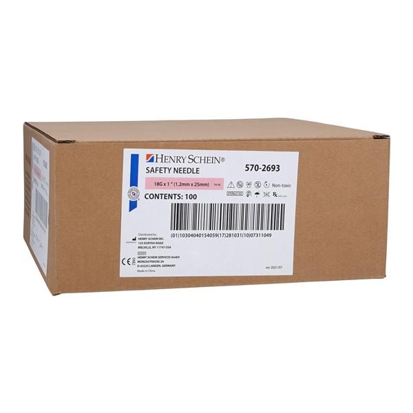 Safety Needle 18gx1" Pink Safety Shield 100/Bx, 8 BX/CA