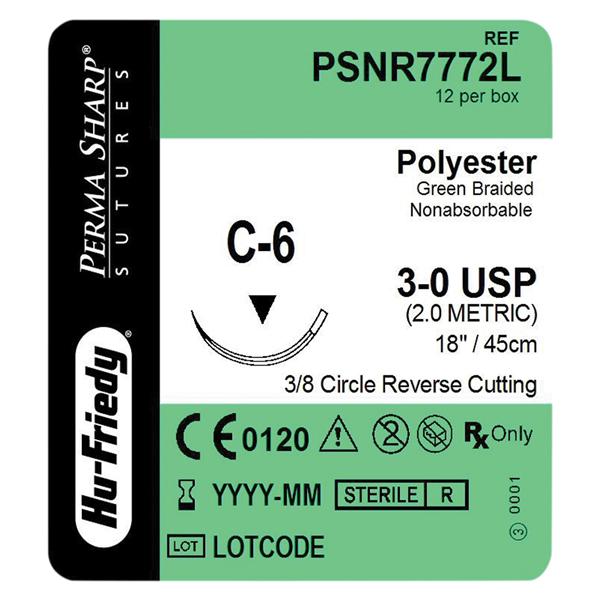 Perma Sharp Suture 3-0 18" Polyester Monofilament C-6 Green 12/Bx