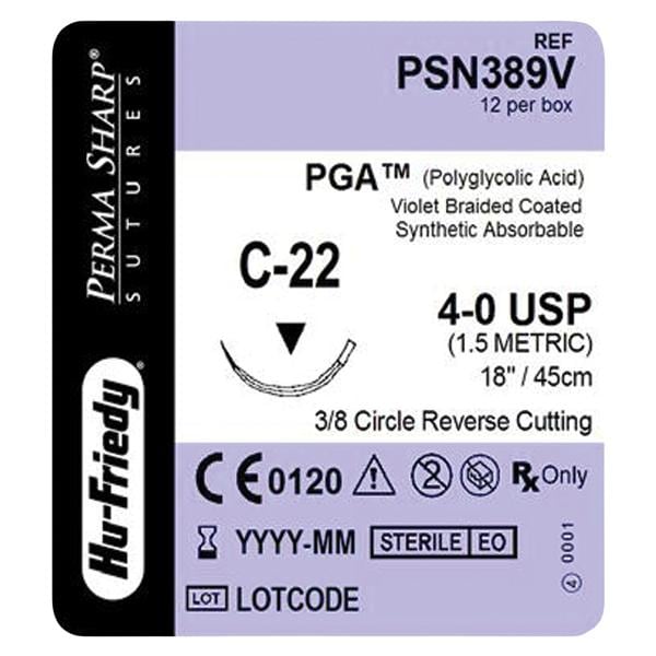 Perma Sharp Suture 4-0 PGA Violet 18 C-22 3/8 Circle 12/Box, PSN389V thumbnail 2