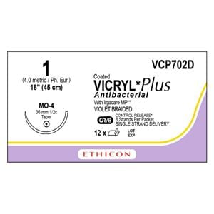 Coated Vicryl Plus Suture 1 18" Triclosan/Polyglactin 910 Braid MO-4 Vio 12/Bx