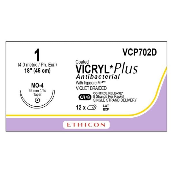 Coated Vicryl Plus Suture 1 18" Triclosan/Polyglactin 910 Braid MO-4 Vio 12/Bx