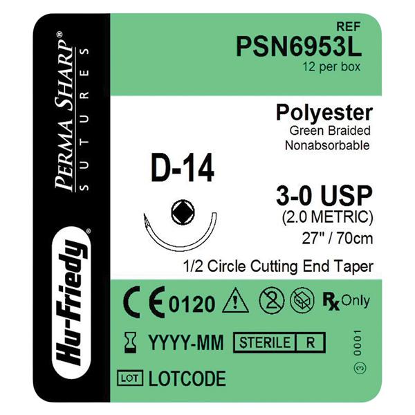 Perma Sharp Suture 3-0 27" Polyester Braid D-14 Green 12/Bx