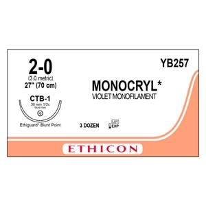 Monocryl Suture 2-0 27" Poliglecaprone 25 Monofilament CTB-1 Violet 12/Bx