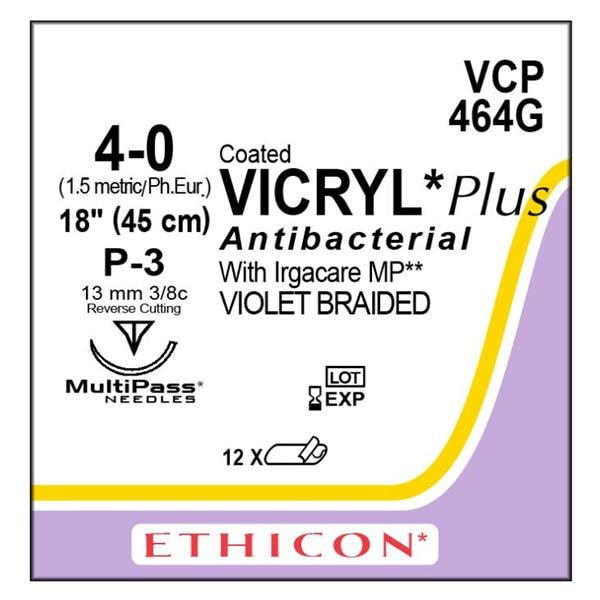 Coated Vicryl Plus Suture 4-0 18" Triclosan/Polyglactin 910 Braid P-3 Vio 12/Bx