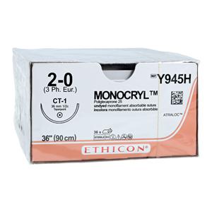 Monocryl Suture 2-0 36" Poliglecaprone 25 Monofilament CT-1 Undyed 36/Bx
