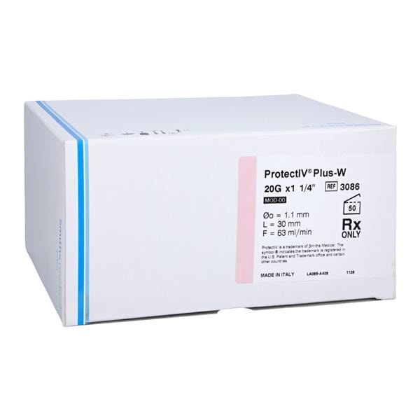 Jelco Protectiv Plus IV Catheter Safety 20 Gauge 1-1/4" Pink 50/Bx, 4 BX/CA