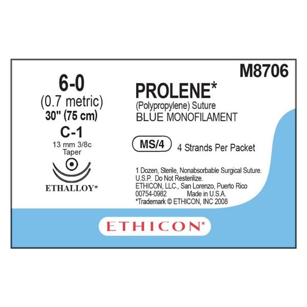 Prolene Suture 6-0 4-30" Polypropylene Monofilament C-1/C-1 Blue 12/Bx