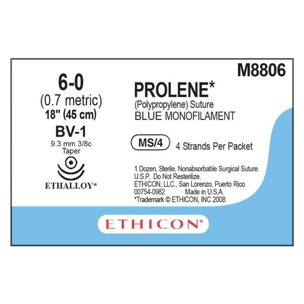 Prolene Suture 6-0 4x18" Polypropylene Monofilament BV-1/BV-1 Blue 12/Bx