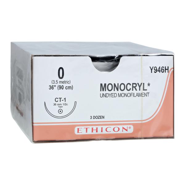 Monocryl Suture 0 36" Poliglecaprone 25 Monofilament CT-1 Undyed 36/Bx