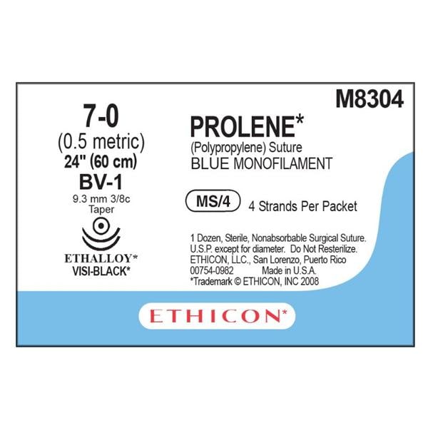 Prolene Suture 7-0 4-24" Polypropylene Monofilament BV-1/BV-1 Blue 12/Bx
