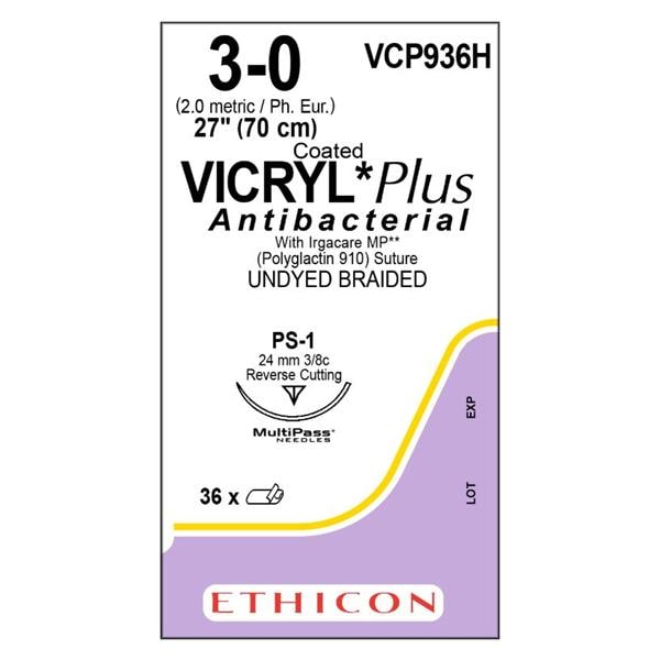 Vicryl Plus Suture 3-0 27" Triclosan/Polyglactin 910 Braid PS-1 Undyed 36/Bx