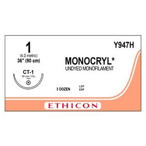 Monocryl Suture 1 36" Poliglecaprone 25 Monofilament CT-1 Undyed 36/Bx