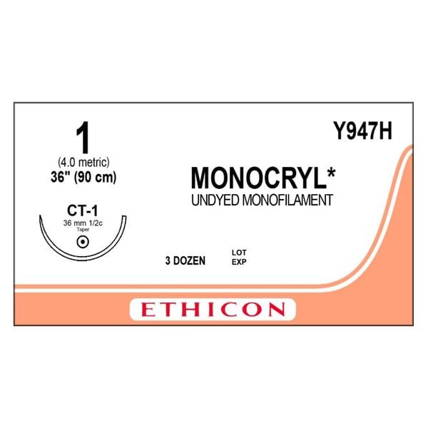 Monocryl Suture 1 36" Poliglecaprone 25 Monofilament CT-1 Undyed 36/Bx