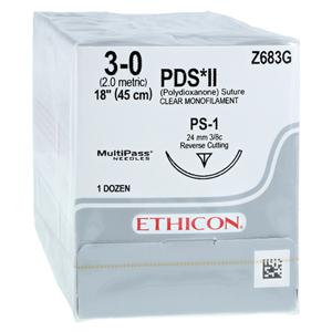 PDS II Suture 3-0 1x18" Polydioxanone Monofilament PS-1 Clear 12/Bx