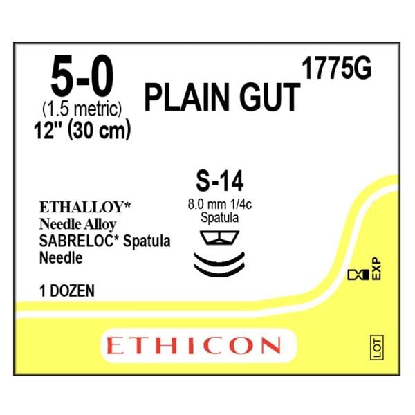 _ Suture 5-0 12" Plain Gut Monofilament S-14/S-14 Yellowish Tan 12/Bx