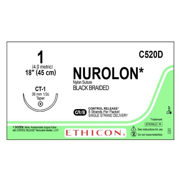 Nurolon Suture 1 8-18" Nylon Braid CT-1 Black 12/Bx