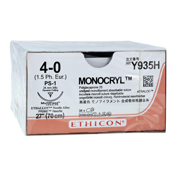 Monocryl Suture 4-0 27" Poliglecaprone 25 Monofilament PS-1 Undyed 36/Bx