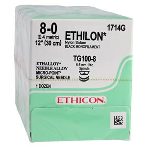 Ethilon Suture 8-0 12" Nylon Monofilament TG100-8/TG100-8 Black 12/Bx