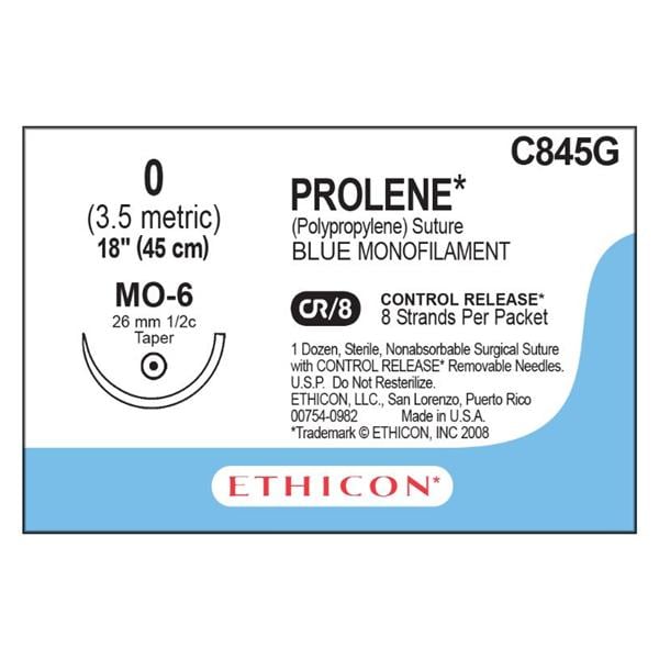 Prolene Suture 0 8-18" Polypropylene Monofilament MO-6 Blue 12/Bx