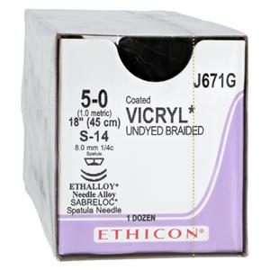 Vicryl Suture 5-0 18" Polyglactin 910 Braid S-14/S-14 Undyed 12/Bx