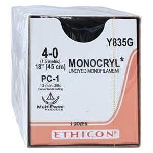 Monocryl Suture 4-0 18" Poliglecaprone 25 Monofilament PC-1 Undyed 12/Bx