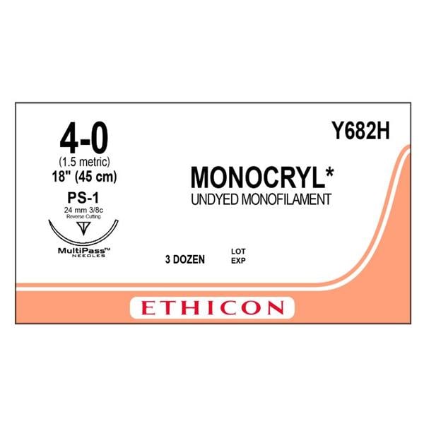 Monocryl Suture 4-0 18" Poliglecaprone 25 Monofilament PS-1 Undyed 36/Bx