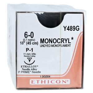 Monocryl Suture 6-0 18" Poliglecaprone 25 Monofilament P-1 Undyed 12/Bx