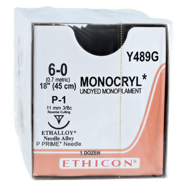 Monocryl Suture 6-0 18" Poliglecaprone 25 Monofilament P-1 Undyed 12/Bx