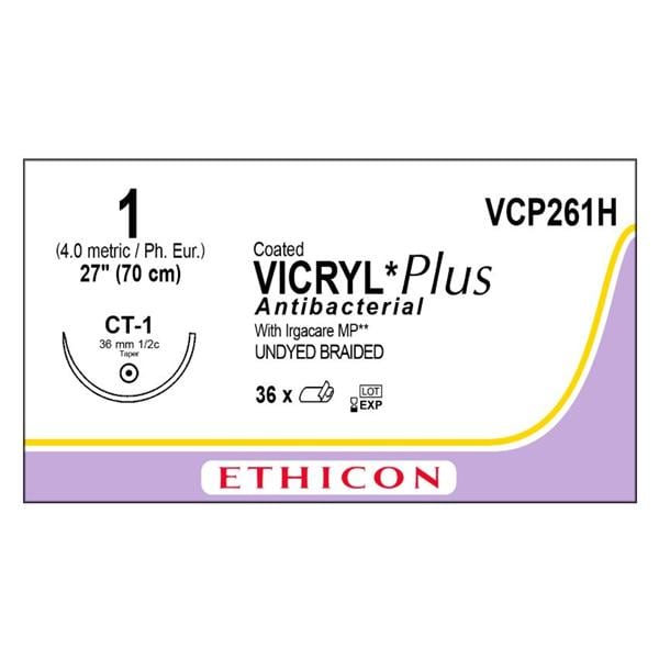 Vicryl Plus Suture 1 27" Triclosan/Polyglactin 910 Braid CT-1 Undyed 36/Bx