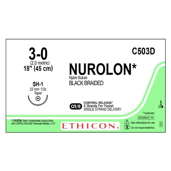 Nurolon Suture 3-0 8-18" Nylon Braid SH-1 Black Bx