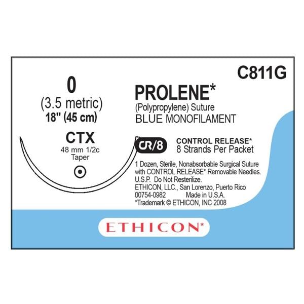 Prolene Suture 0 18" Polypropylene Monofilament CTX Blue 12/Bx