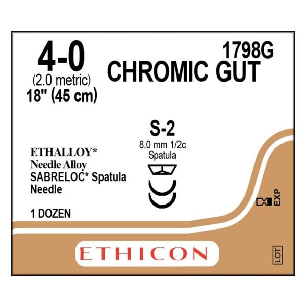 Suture 4-0 18" Chromic Gut Monofilament S-2/S-2 Brown 12/Bx