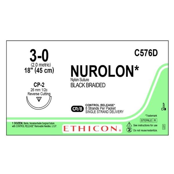 Nurolon Suture 3-0 8-18" Nylon Braid CP-2 Black Bx